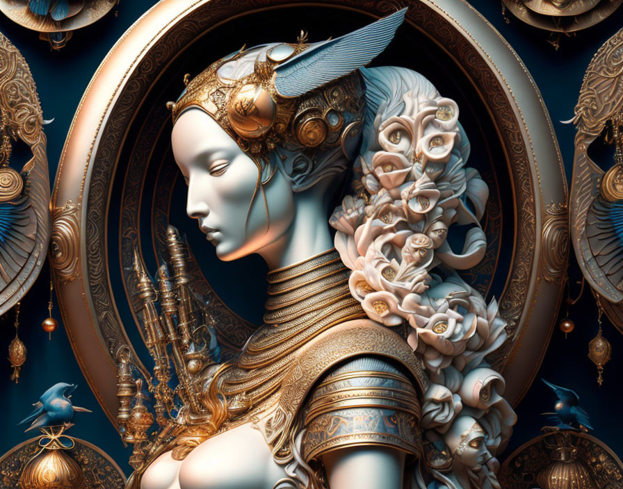 Detailed 3D rendering of female figure with ornate golden headgear and floral-mechanical he