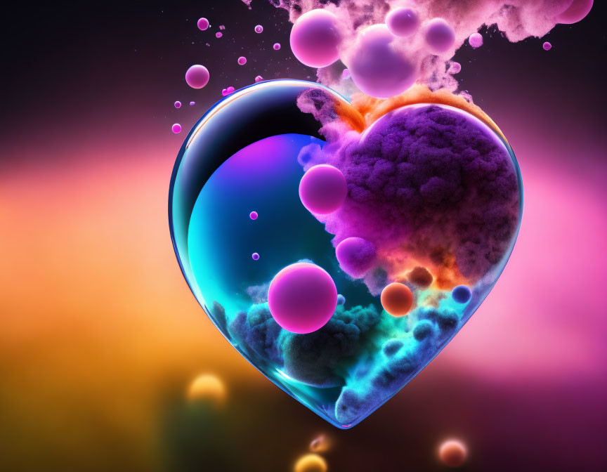 Colorful Heart-shaped Bubble with Purple and Orange Clouds on Vibrant Background