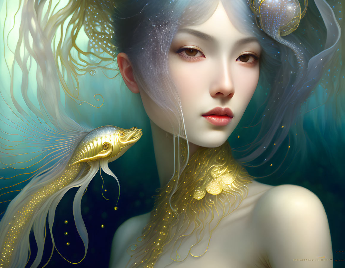 Ethereal woman with blue hair and aquatic elements, golden fish on green backdrop