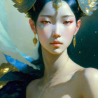 Ethereal woman with blue hair and aquatic elements, golden fish on green backdrop