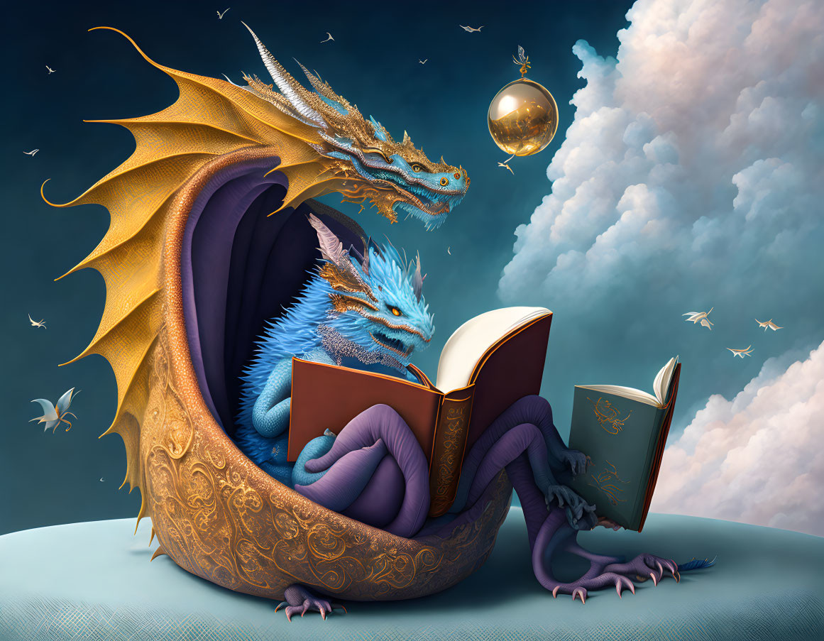 Blue Dragon Reading Book with Gold-Trimmed Wings in Twilight Sky