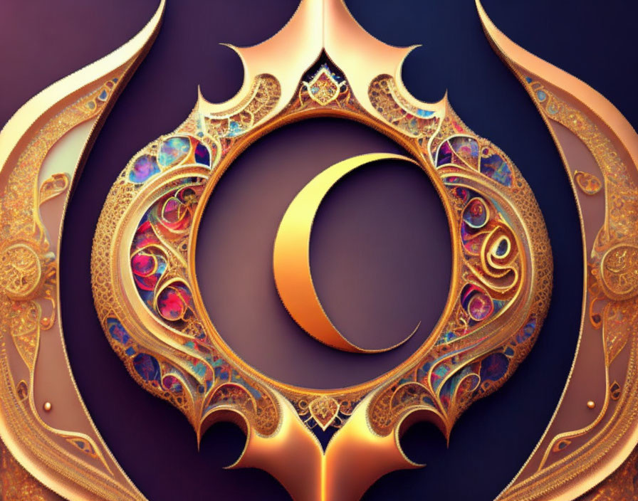 Golden crescent with fractal designs on purple background.