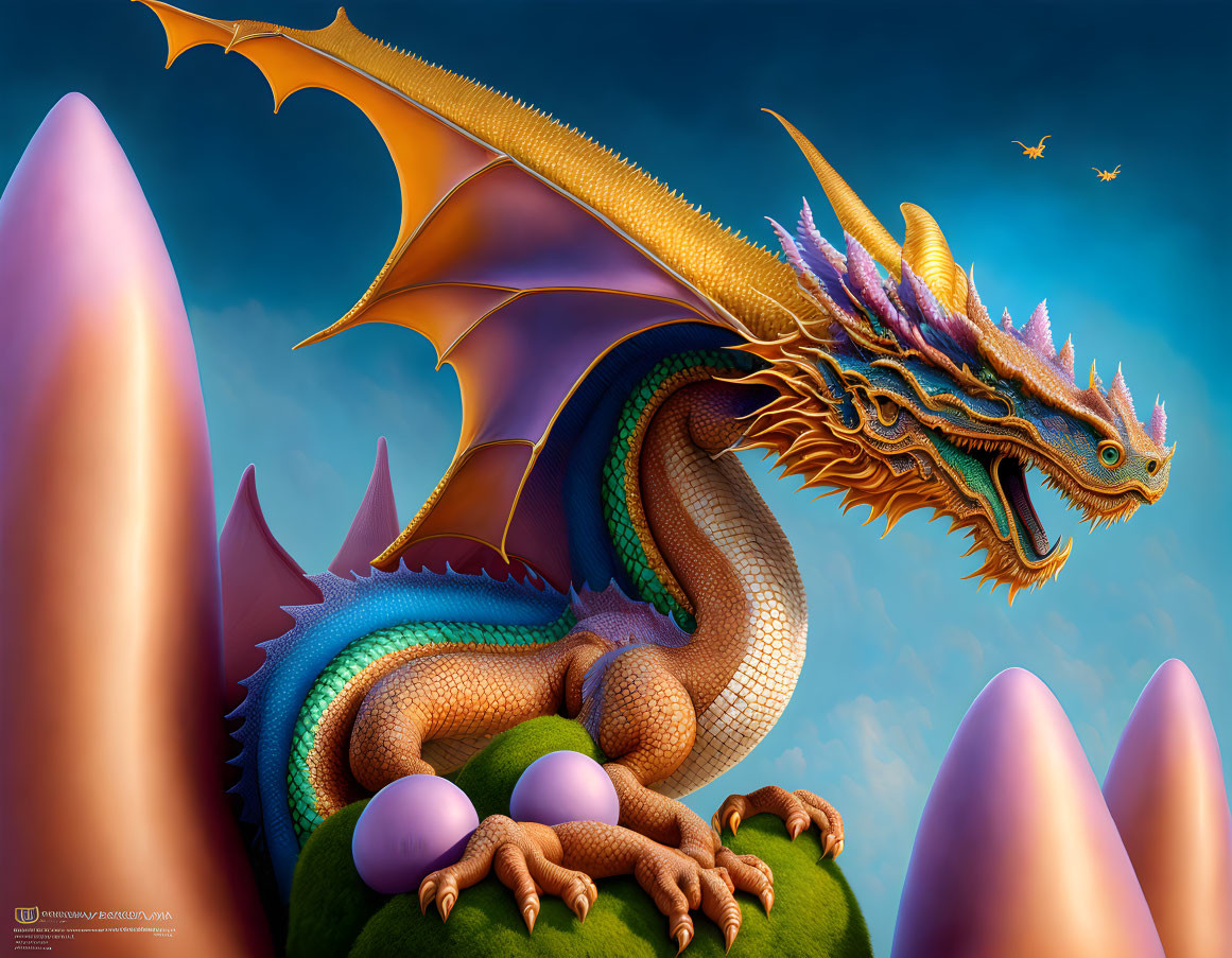 Colorful Dragon Illustration with Expansive Wings on Green Hill