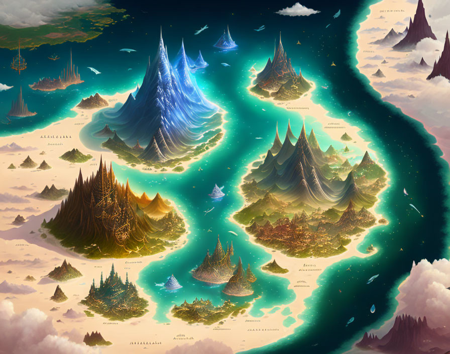 Fantastical map with mythical islands, rivers, and central blue mountain range