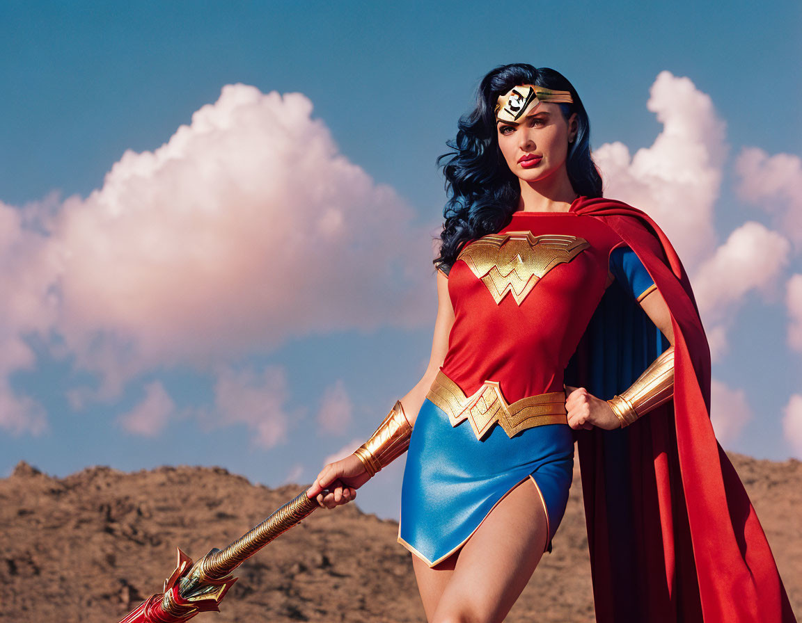 Confident Woman in Wonder Woman Costume Under Blue Sky