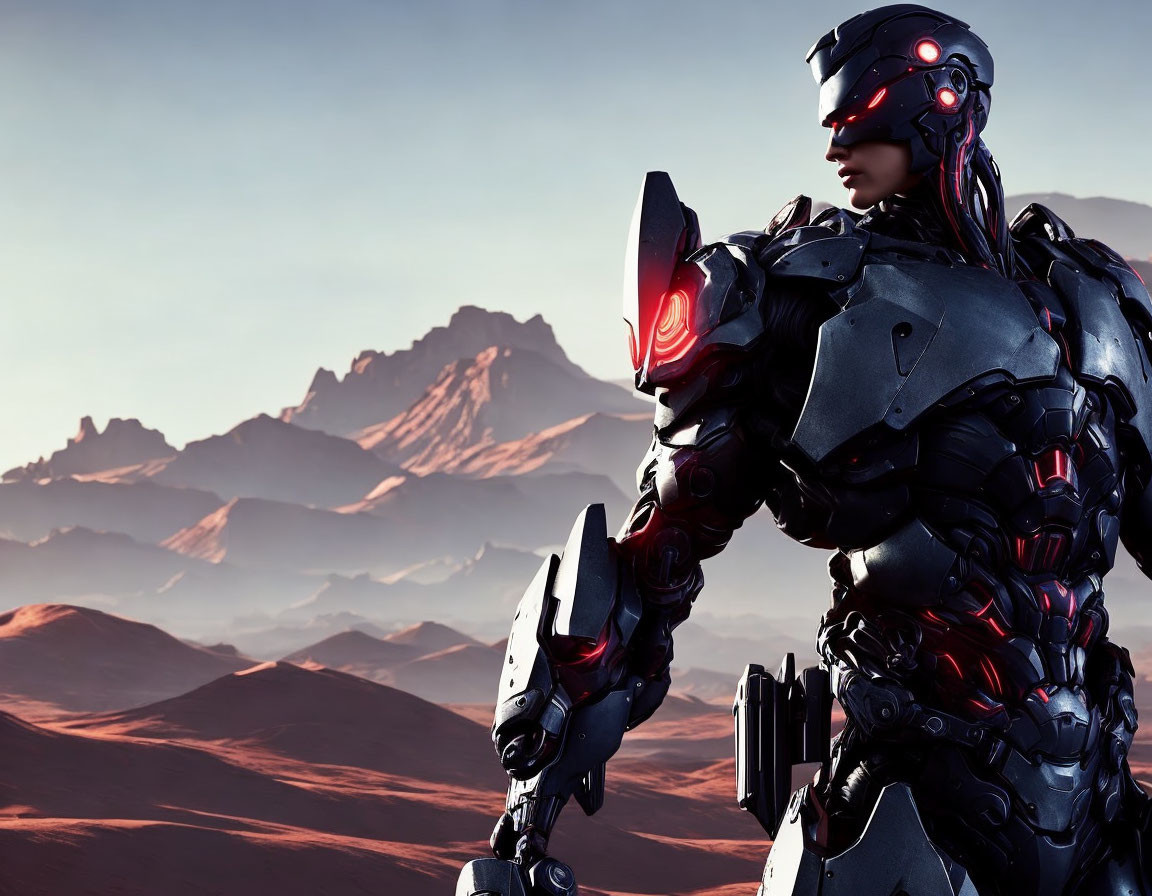 Futuristic robot with human-like features in desert landscape