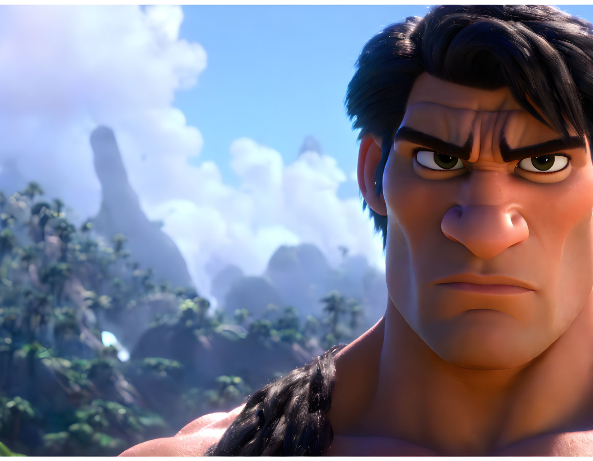 Animated male character with stern expression and black hair against jungle backdrop