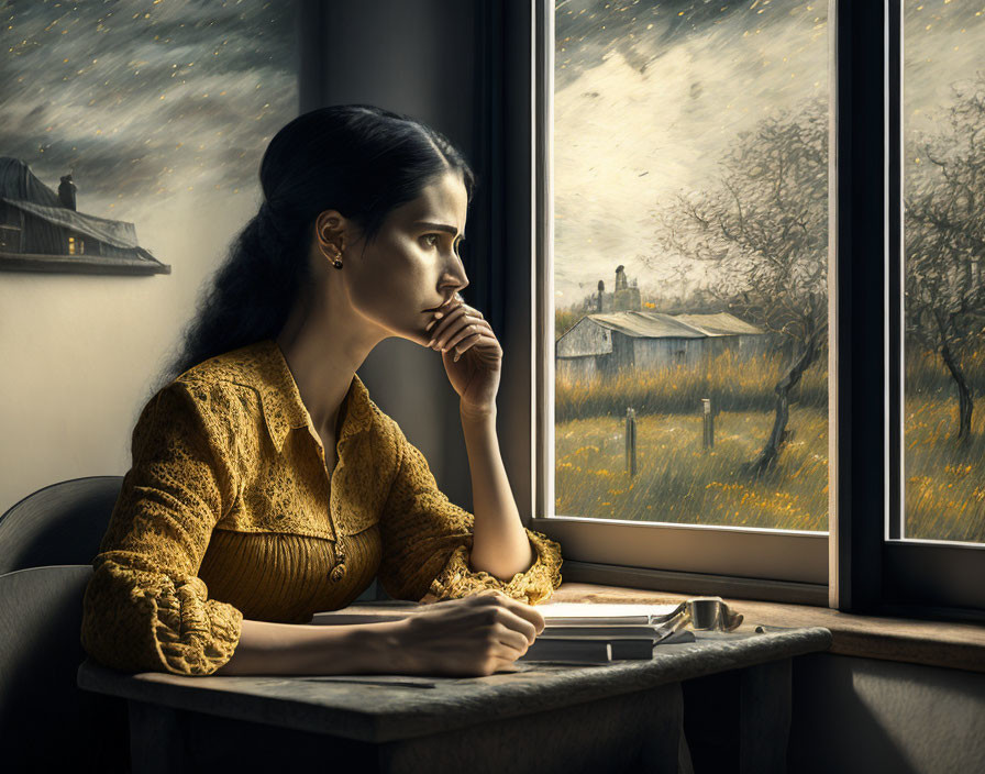 Woman sitting by window looking at rainy landscape with books nearby