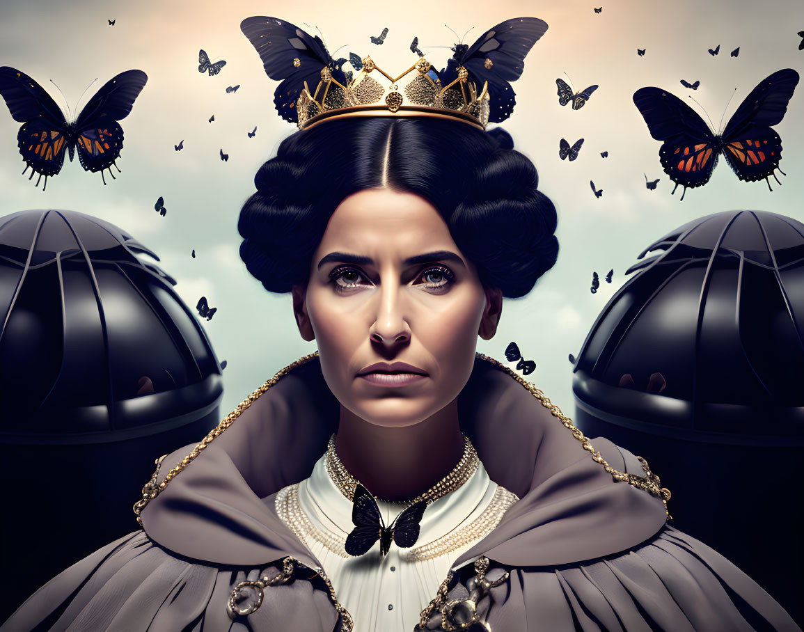 Regal woman in vintage attire with crown, surrounded by butterflies on cloudy sky