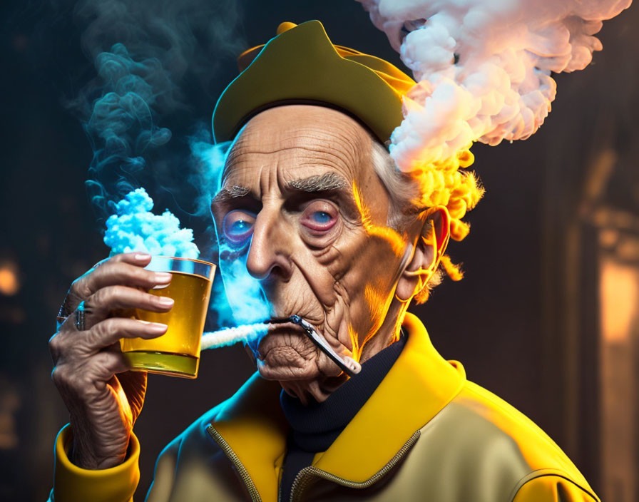 Elderly man in yellow cap exhales brain-shaped smoke with steaming drink