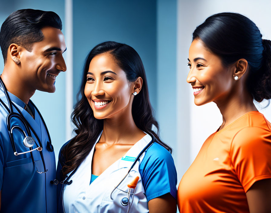 Healthcare Professionals Smiling with Stethoscopes on Blue Background