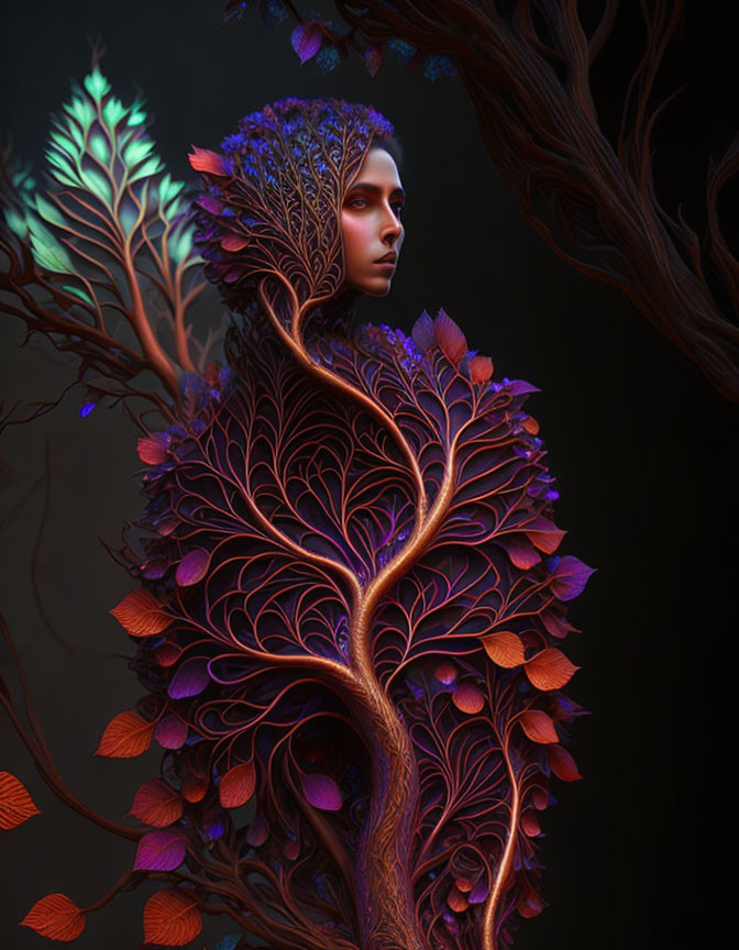 Digital artwork of person with tree branch hair and vibrant leaves.