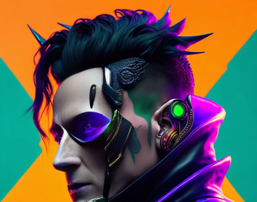 Punk hairstyle with cybernetic enhancements on colorful geometric backdrop