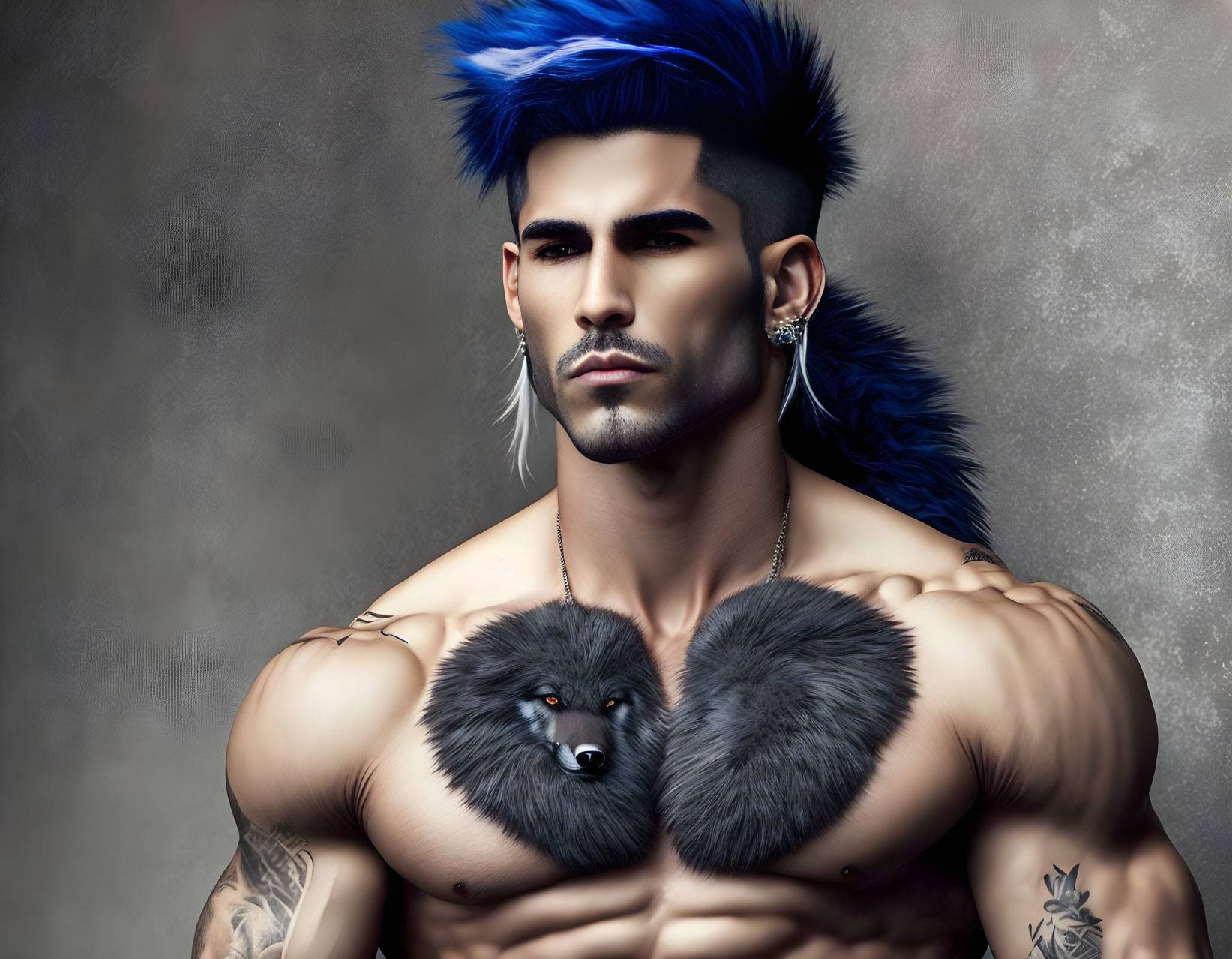 Muscular man with blue mohawk, goatee, tattoos, earrings, and heart-shaped accessory