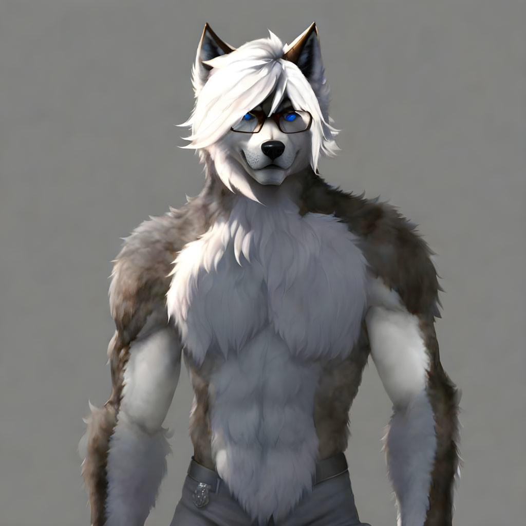 Anthropomorphic white wolf 3D illustration with blue eyes and belt