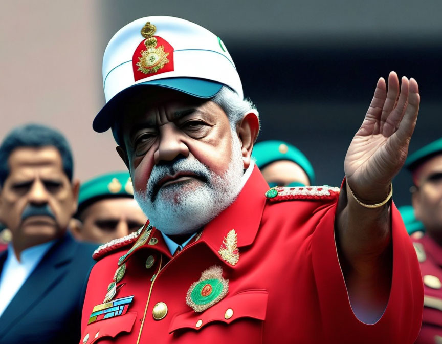 Military man in decorated uniform salutes with officers in background