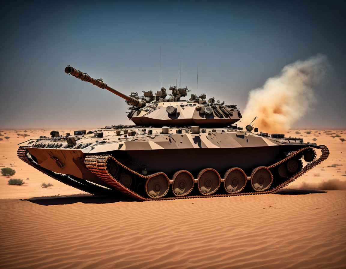 Military tank in desert firing gun turret in sandy dunes