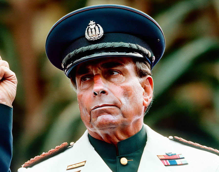 Military man in uniform saluting with rank insignia and decorations