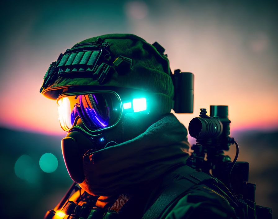 Military soldier in tactical gear with glowing goggles holding a rifle at dusk against colorful sky