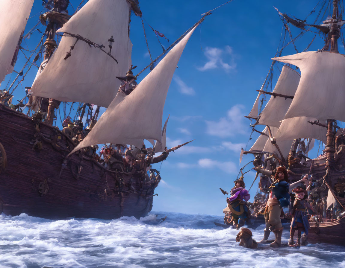 Animated pirate ships in high-seas battle with characters amidst ocean waves