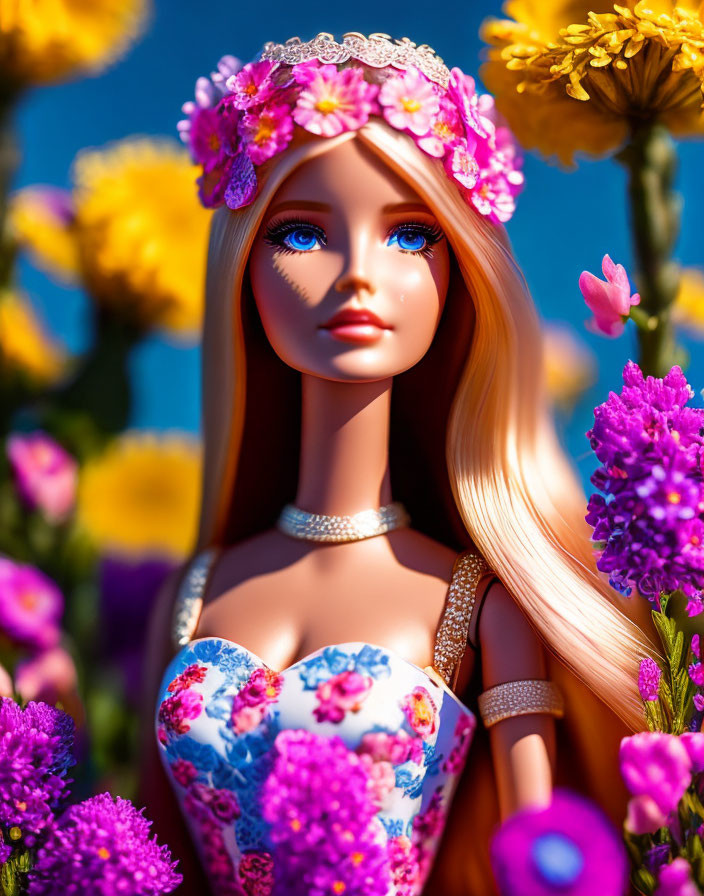 Close-up of doll in floral crown and dress surrounded by vibrant flowers under blue sky