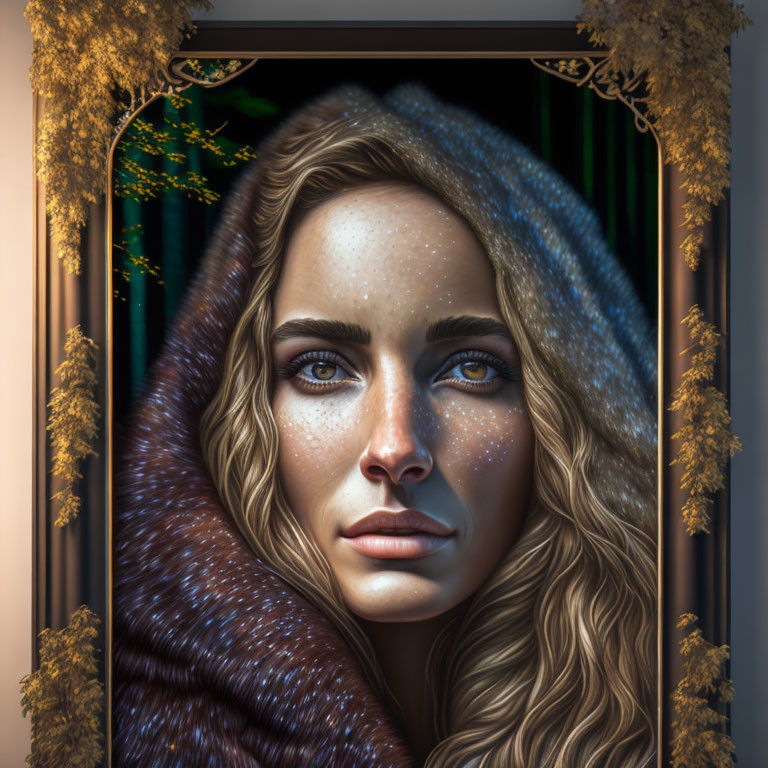 Digital Portrait of Woman with Wavy Hair and Freckles in Fur Hood under Ornate Arch with