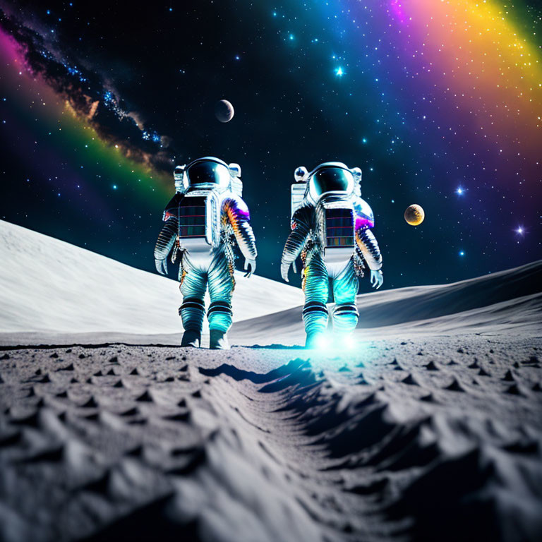 Astronauts walking on lunar surface with colorful nebula and planets.