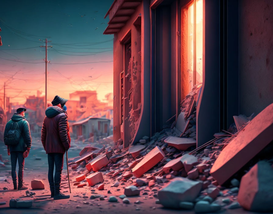 Two individuals in ruins at dusk with glowing red light and scattered debris.