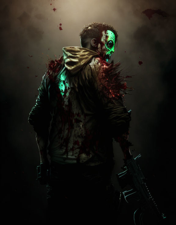 Glowing green skull-faced figure in dark attire with gun and blood splatters