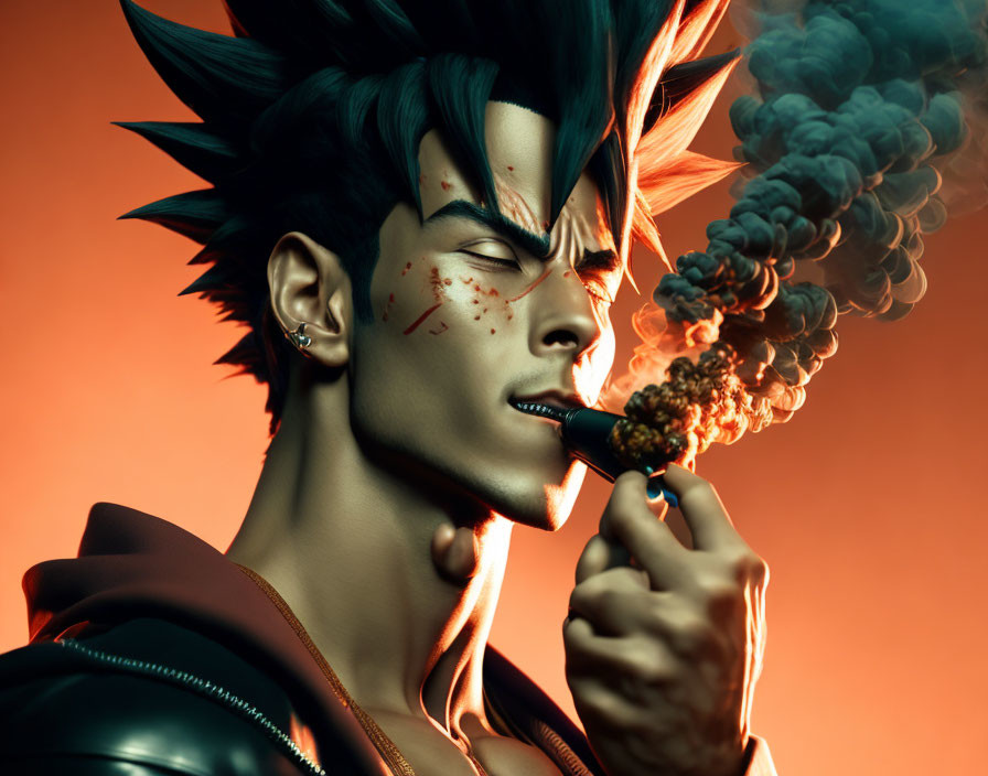 3D-rendered punk character with spiked hair and scars on orange backdrop