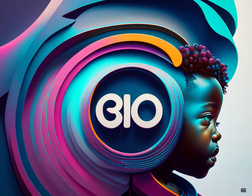 Colorful Stylized Child Profile with "BIO" Text in Digital Art