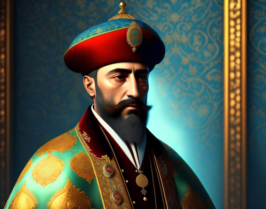 Regal Ottoman man in traditional attire with fez hat on blue background