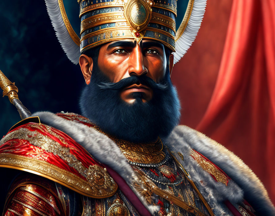 Warrior King Portrait with Golden Crown and Armor