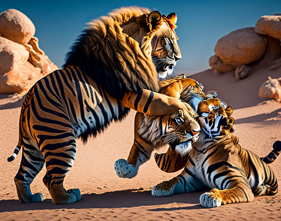 Lion with Tiger Skin Pattern Interacts with Two Tigers in Desert