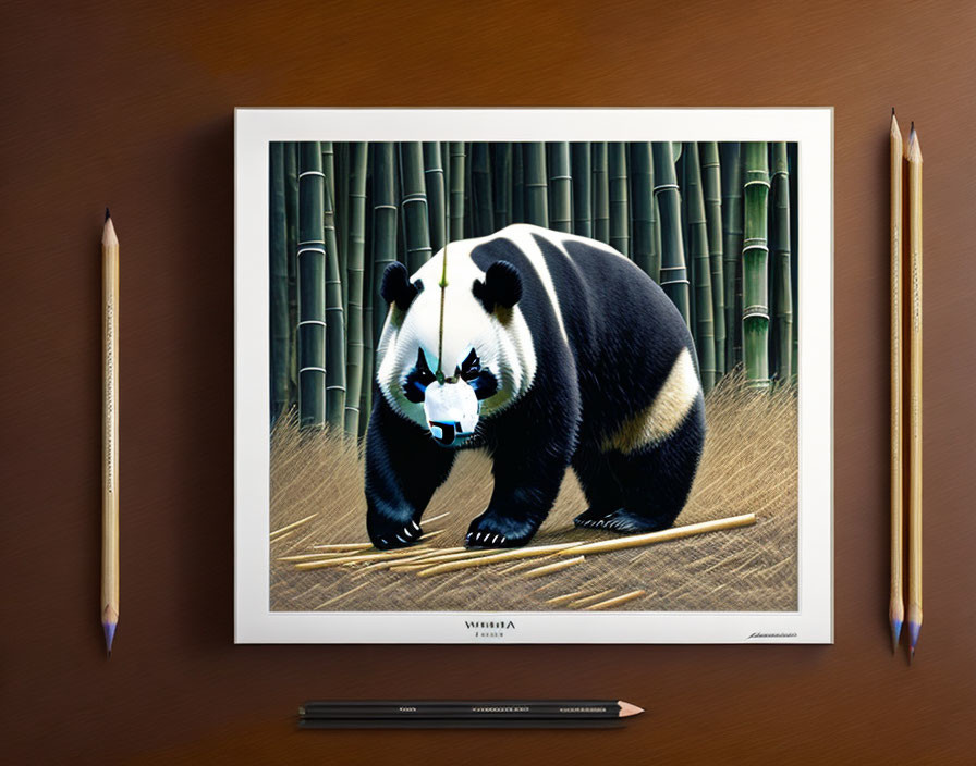 Illustration of Panda in Glasses Reading Book on Wooden Surface