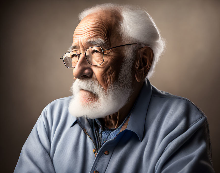 Elderly man with white beard and glasses in blue shirt on brown background