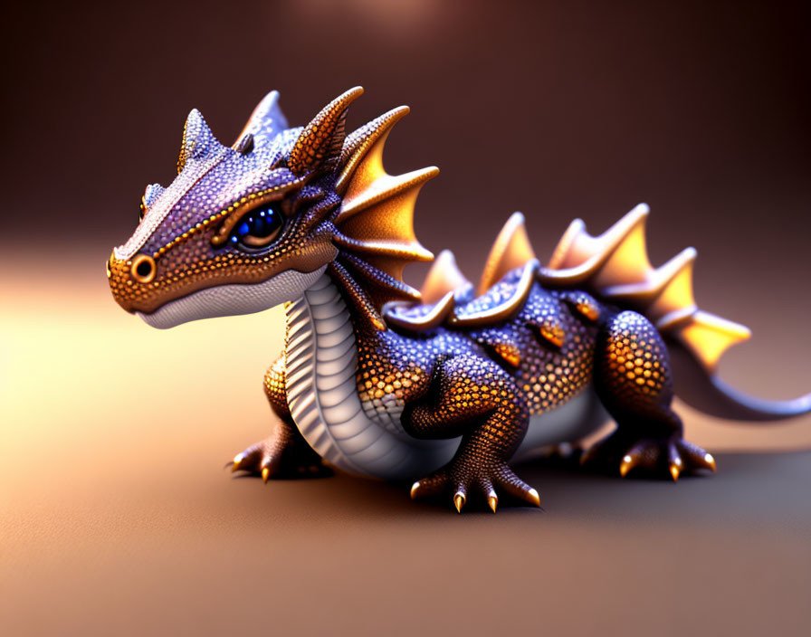 Whimsical purple dragon with orange and white details on brown background