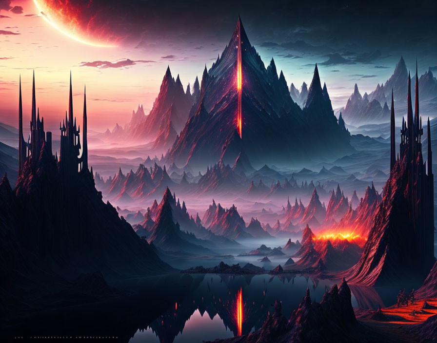 Dark mountains, glowing lava, serene lake, red sun in hazy sky