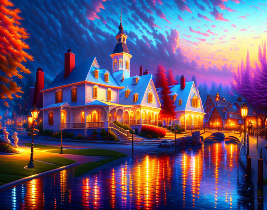 Colorful Victorian-style buildings in vibrant evening scene with dramatic sunset sky.