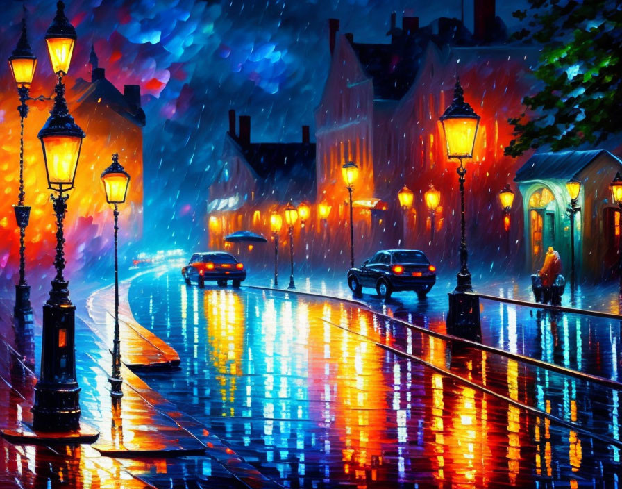 Colorful Painting of Rainy City Street at Night with People and Cars
