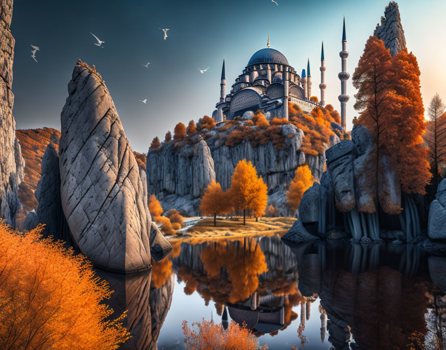 Majestic mosque with domes and minarets overlooking lake and autumn trees