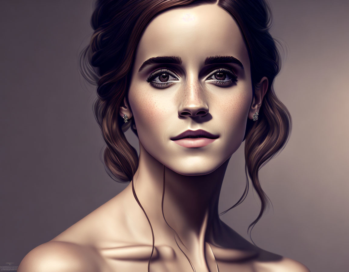 Detailed digital illustration of a woman with brown hair and large brown eyes on a neutral background