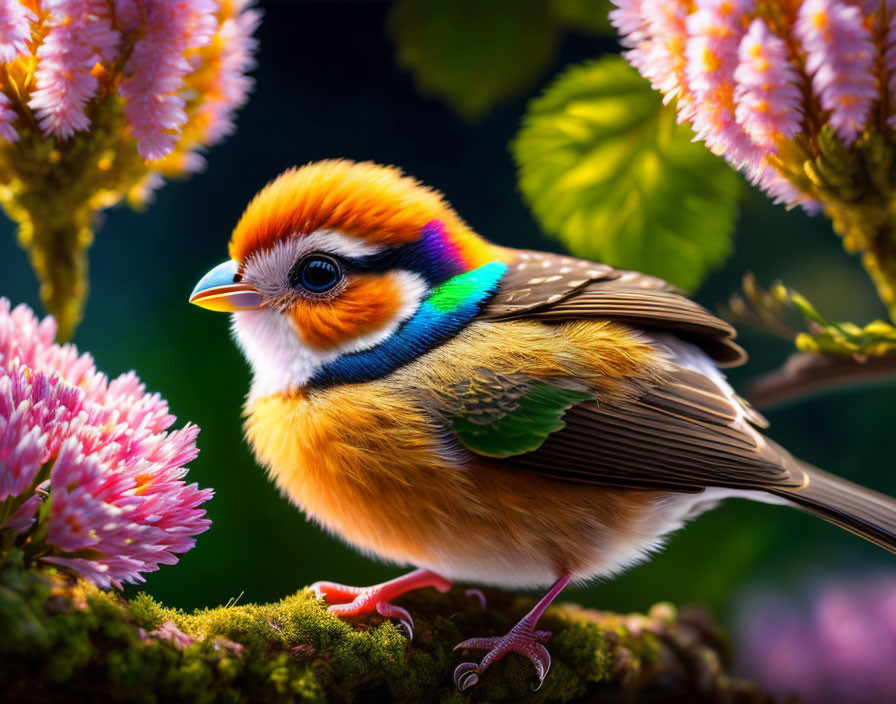 Vibrant bird with blue stripe among pink flowers on dark background