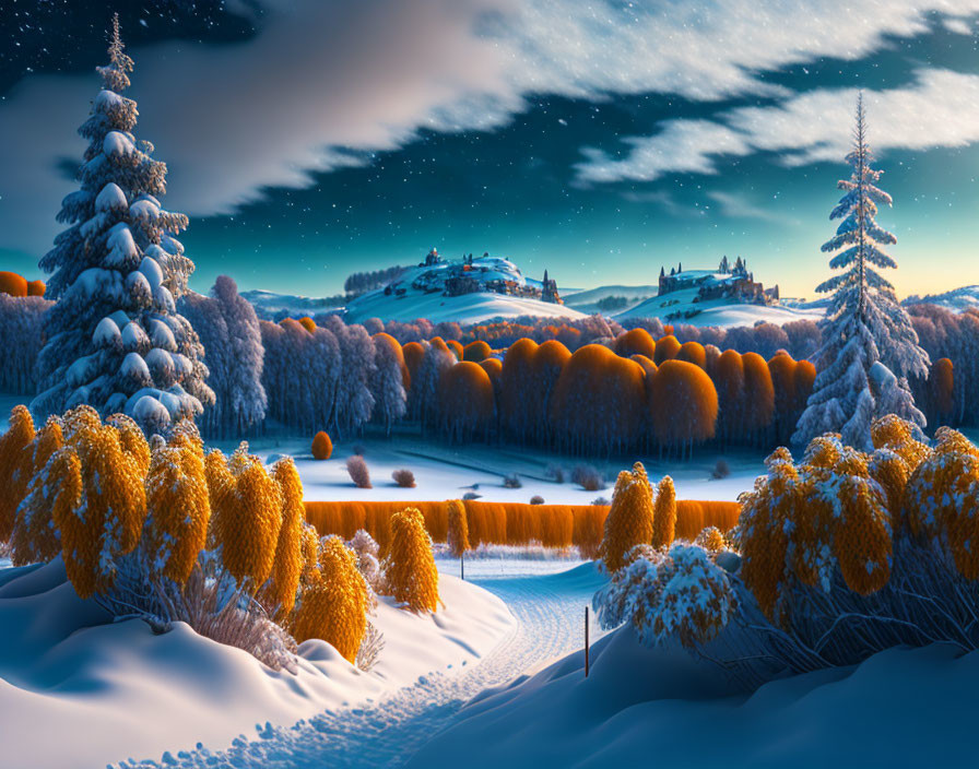 Snow-covered winter landscape at dusk with orange foliage, distant hills, illuminated buildings, and cloudy blue sky