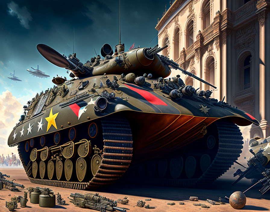 Military tank with multiple weapons and star insignias on battlefield with aircraft.