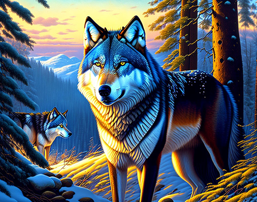 Digital art image of two wolves in vibrant forest with scenic sunset and pine trees