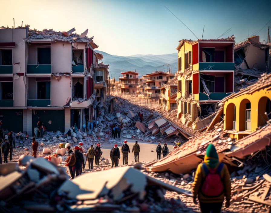 Rescue workers amidst collapsed buildings and debris.