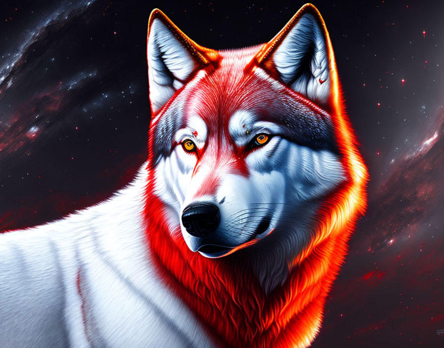 Vivid Red and White Wolf Artwork in Cosmic Space