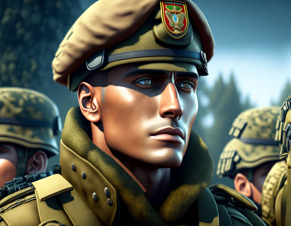 Male soldier in beret with focused expression among blurred soldiers