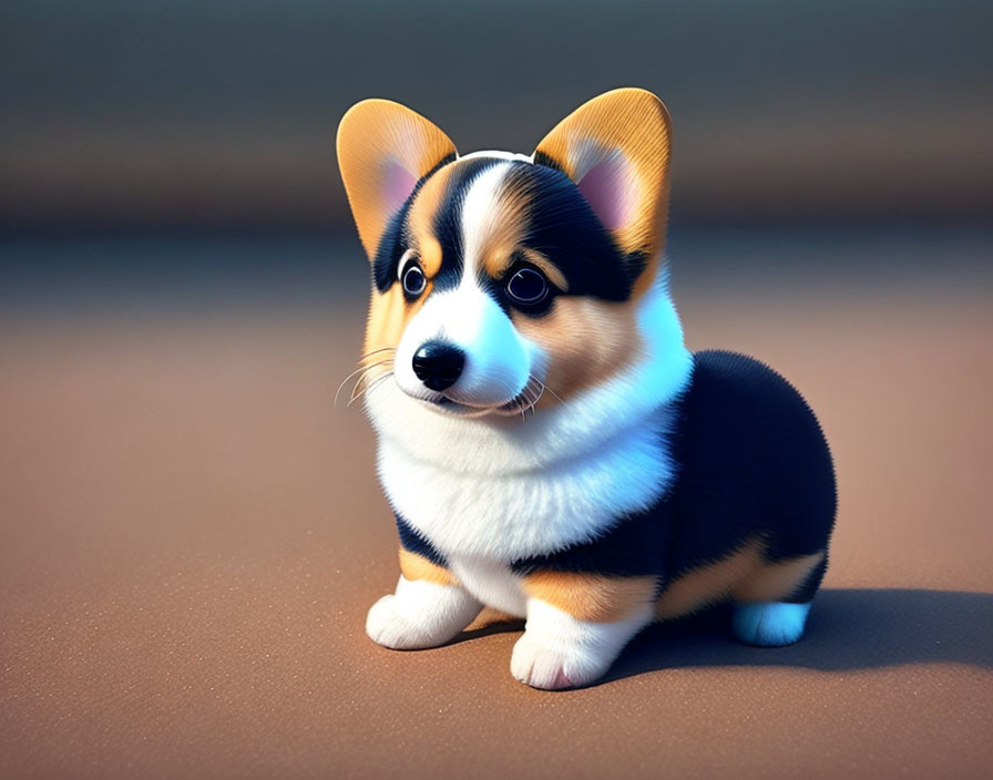 Animated tricolor corgi puppy with big eyes on soft brown surface